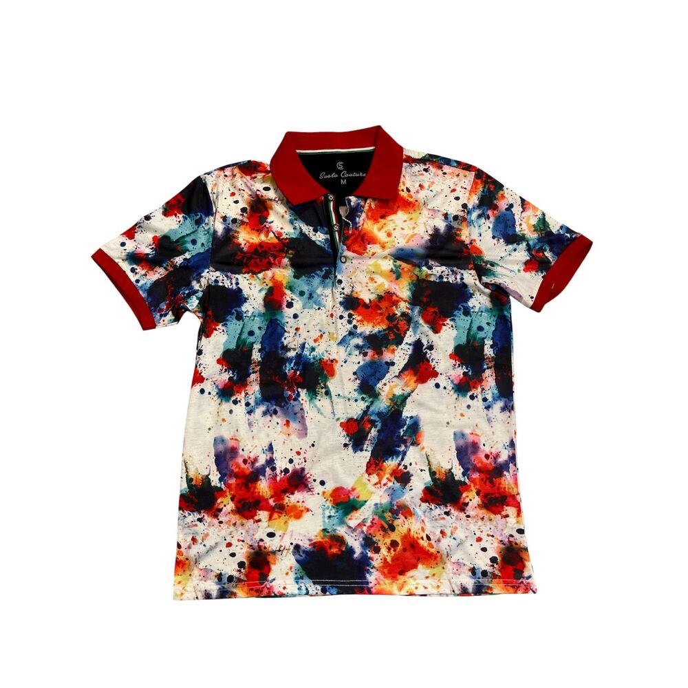 Suslo Couture Abstract Paint Like Splatter Polo Shirt Men’s Medium Red Collar